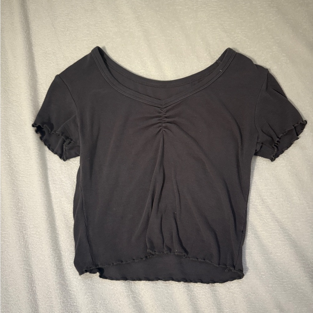 YesStyle Black Crop Top with Flutter Sleeves and Ruched Detail
